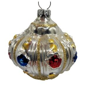 Vintage Christmas Glass Ornament Holiday Decor Silver Crown West Germany